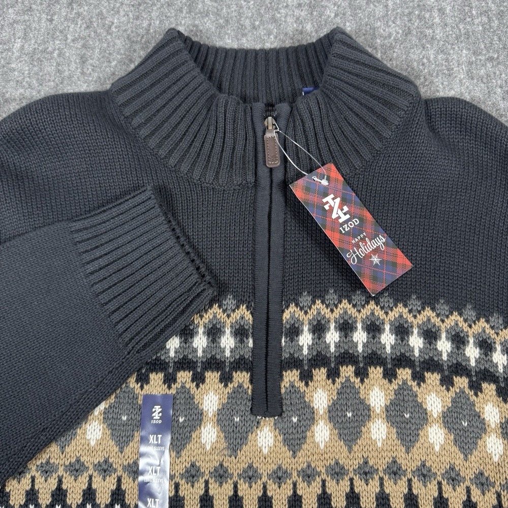 NWT IZOD Men's XLT Fair Isle Sweater Black Quarter Zip Cotton Blend Holiday